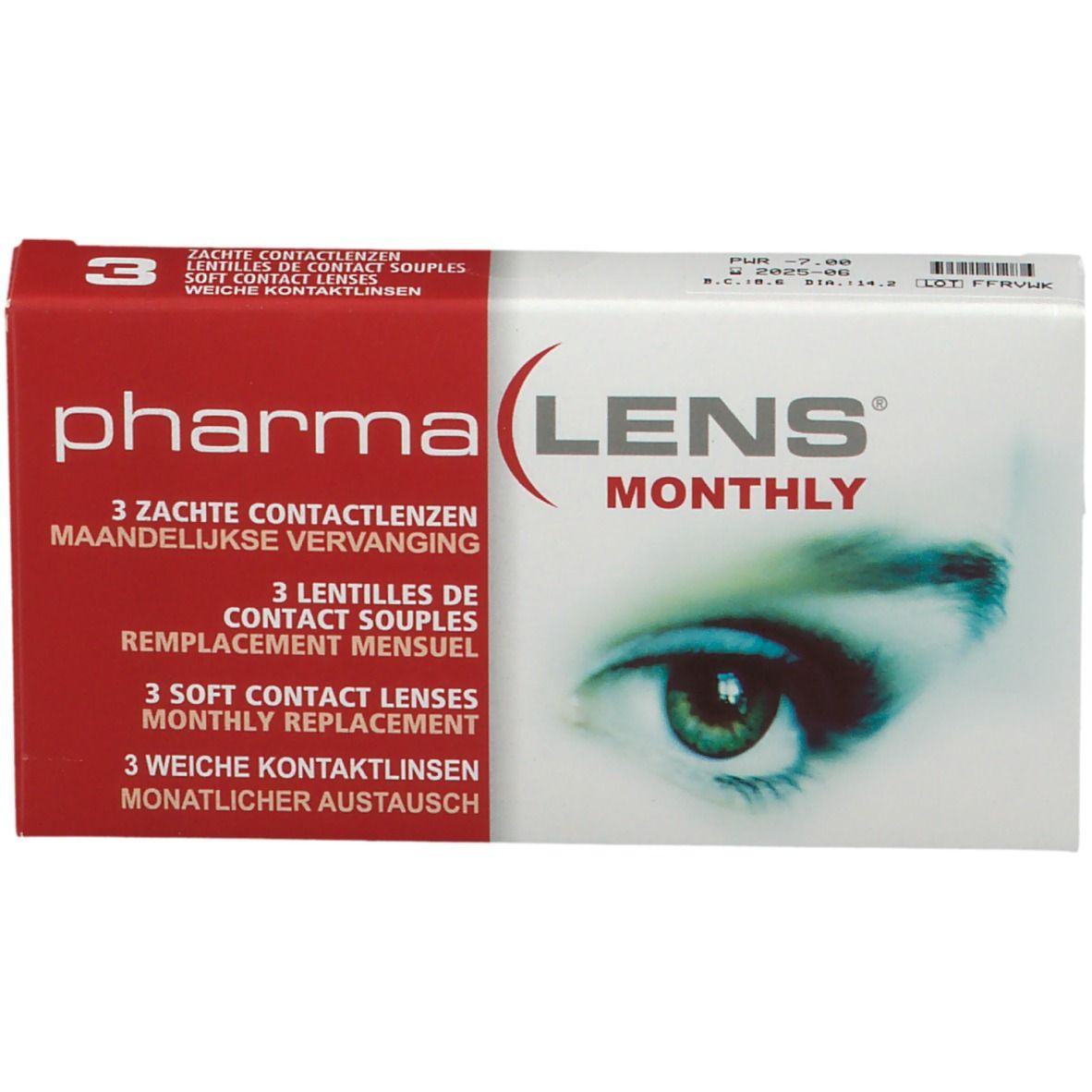 PharmaLens Monatslinsen-Verpackung. Rote und weiße Schachtel mit Produktinformationen und einem Auge.