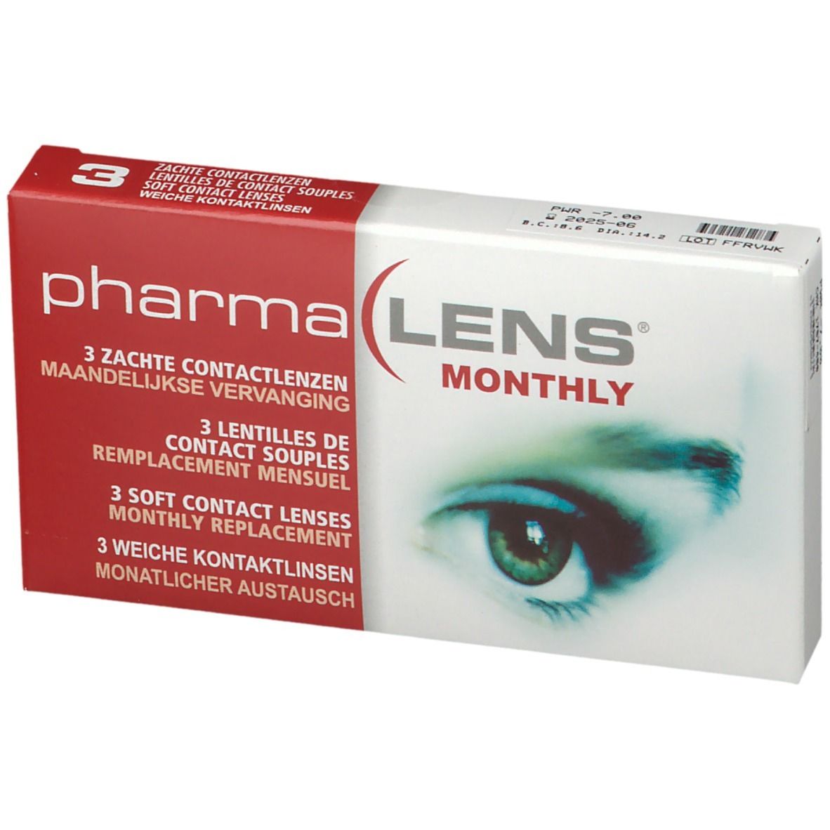 PharmaLens Monatslinsen-Verpackung. Rote und weiße Schachtel mit Produktinformationen und einem Auge.