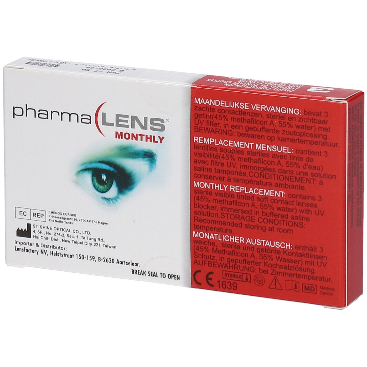 Verpackung von PharmaLens Monthly Linsen. Enthält 3 weiche Kontaktlinsen. Aufdruck: Pharma, LENS MONTHLY, Augenmotiv. Text in mehreren Sprachen.