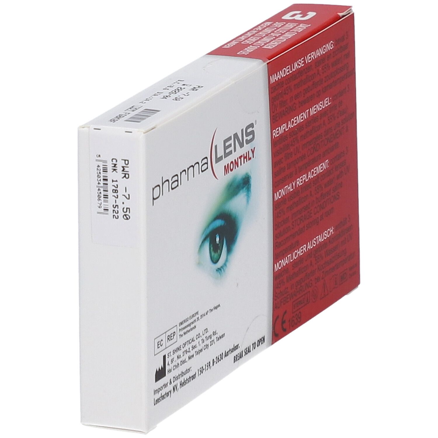 Verpackung von PharmaLens Monthly Linsen. Aufdruck: Pharma, LENS MONTHLY, Augenmotiv. PWR -7.50. Enthält 3 Linsen.