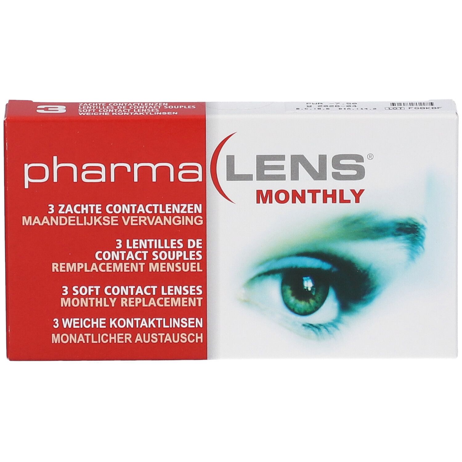 Verpackung von PharmaLens Monthly Linsen. Enthält 3 weiche Kontaktlinsen. Aufdruck: Pharma, LENS MONTHLY, Augenmotiv.