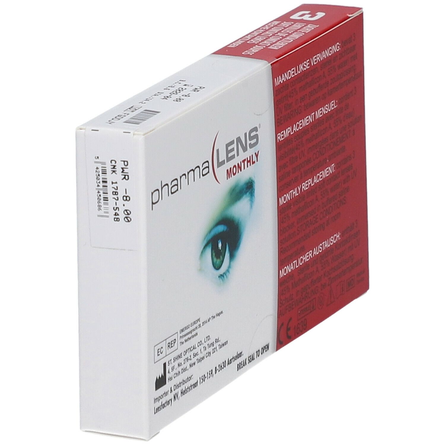 Boîte de lentilles de contact PharmaLens Monthly. Nom du produit, dioptrie -8.00 et image d'œil.