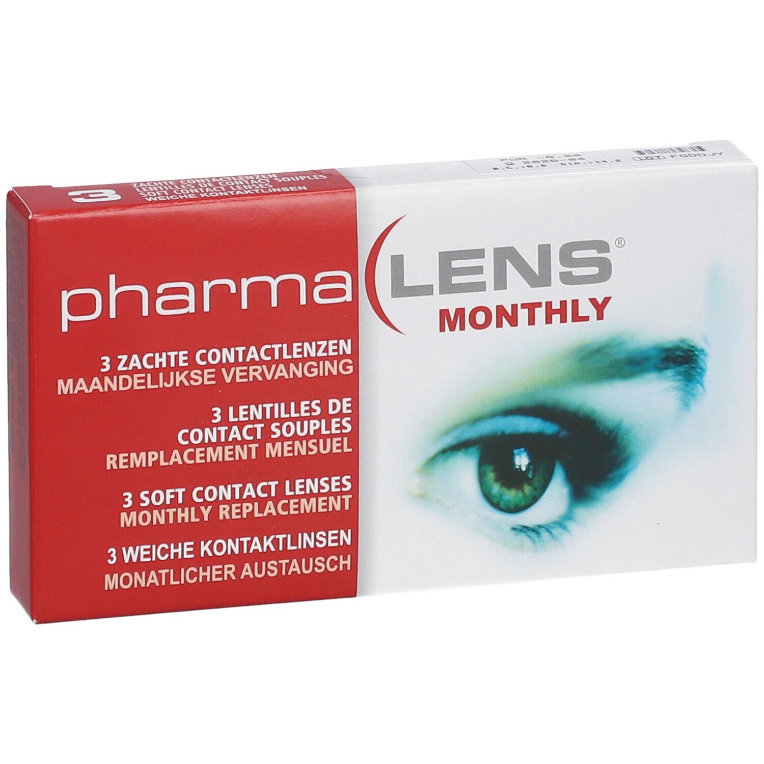 Boîte de lentilles de contact PharmaLens Monthly. Contient 3 lentilles souples. Nom du produit et image d'œil imprimés.