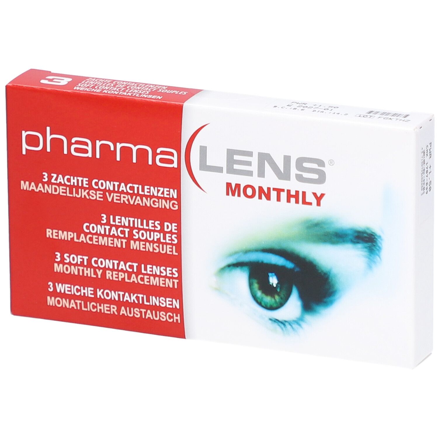 Verpackung von PharmaLens Monthly Linsen. Rote und weiße Schachtel mit Produktnamen und Augenabbildung. Enthält 3 Kontaktlinsen.