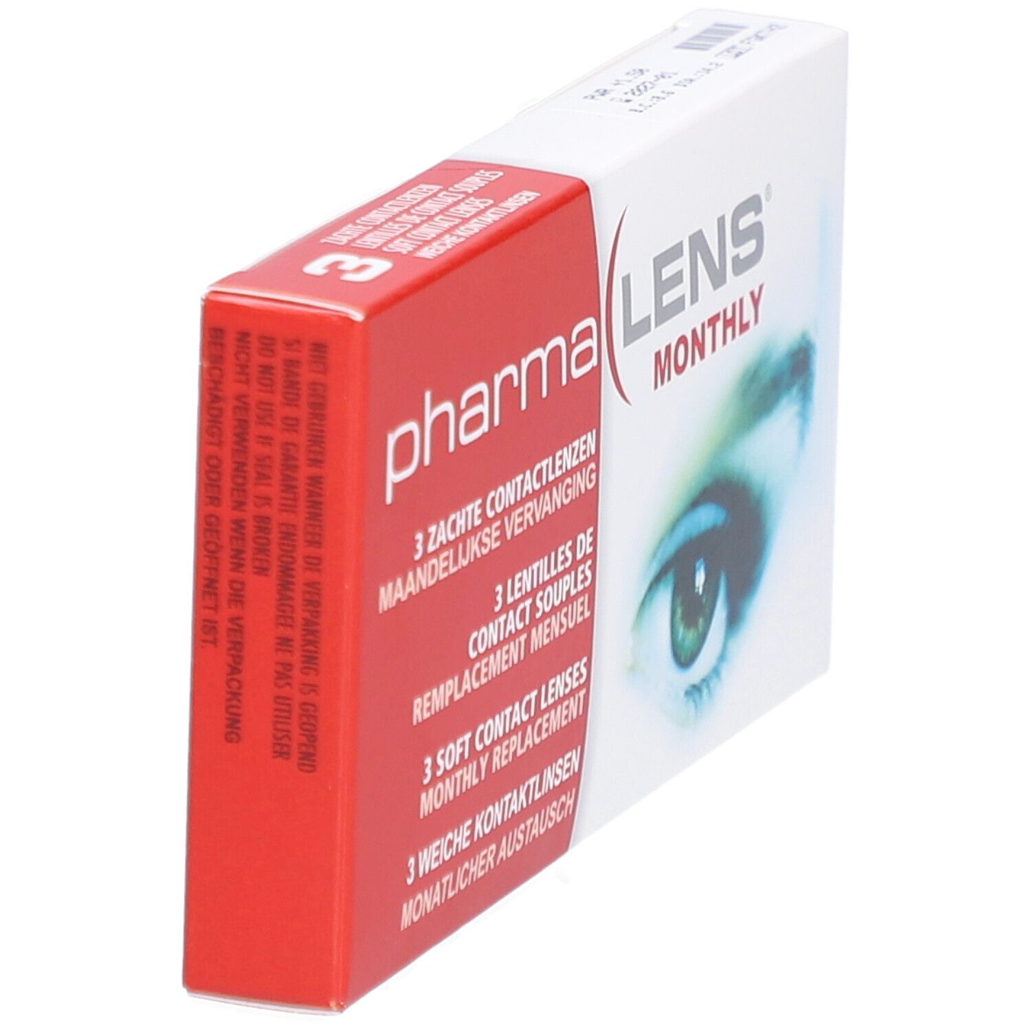 Schachtel PharmaLens Monthly Linsen, rote und weiße Verpackung. Produktname und Augenabbildung. Enthält 3 Kontaktlinsen.