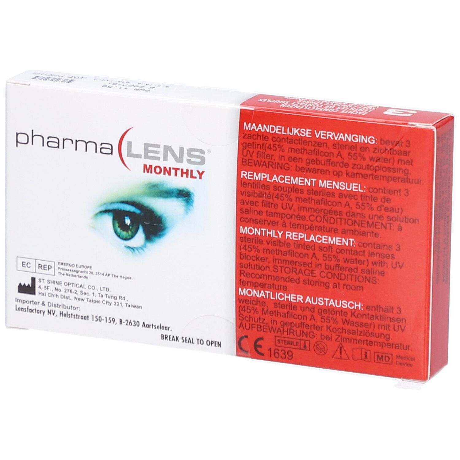 Verpackung von PharmaLens Monthly Linsen. Rote und weiße Schachtel mit Produktinformationen und Augenabbildung. Enthält 3 Kontaktlinsen.