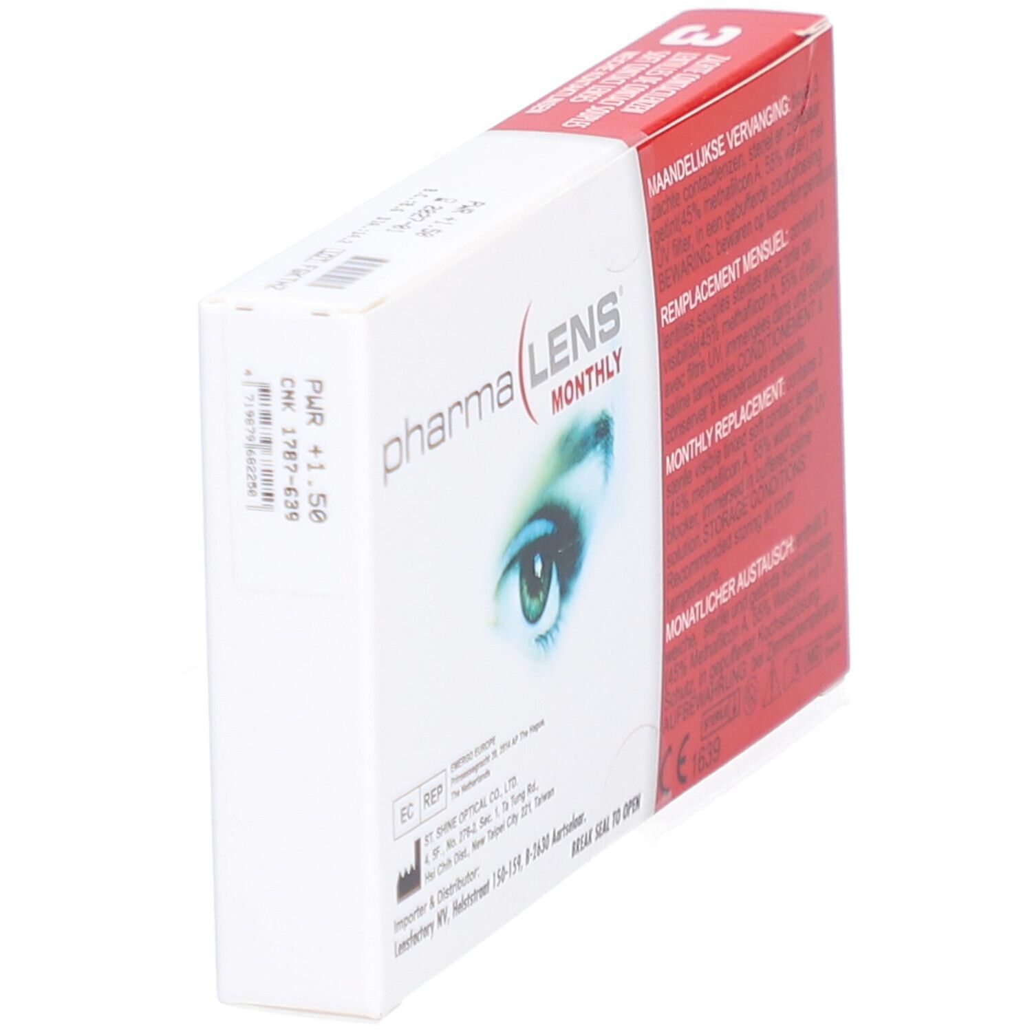 PharmaLens Monthly Linsen Verpackung. Weiße Schachtel mit Produktinformationen und Augenabbildung. Dioptrie +1.50.