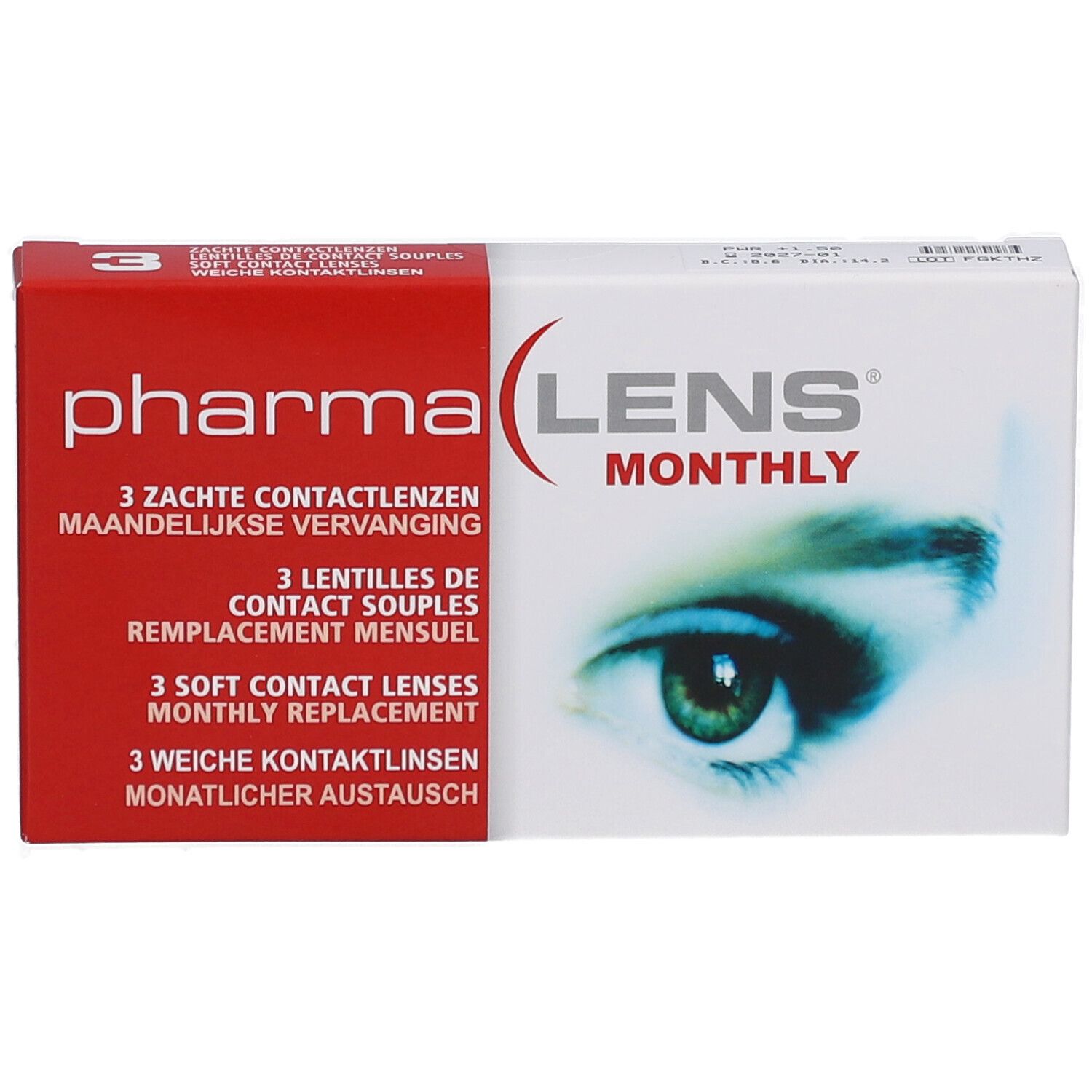 Verpackung von PharmaLens Monthly Linsen. Rote und weiße Schachtel mit Produktnamen und Augenabbildung. Enthält 3 Kontaktlinsen.
