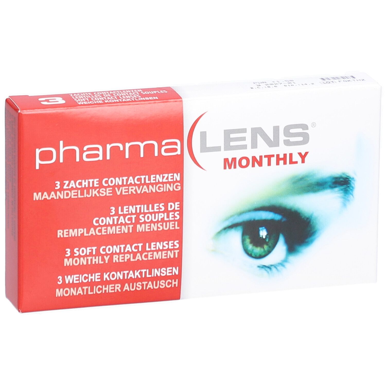 Verpackung von PharmaLens Monthly Linsen. Rote und weiße Schachtel mit Produktnamen und Augenabbildung. Enthält 3 Kontaktlinsen.