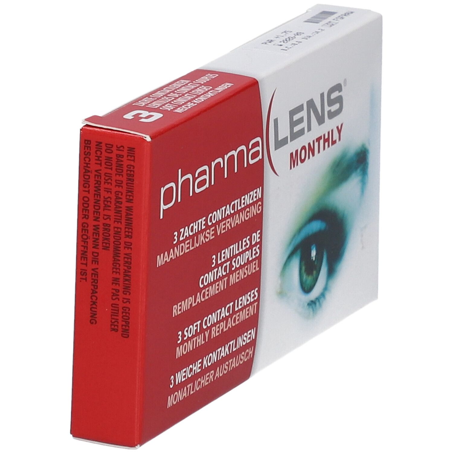 Vue oblique de l'emballage PharmaLens lentilles mensuelles. Boîte rouge et blanche avec texte et image d'œil. Contient 3 lentilles.