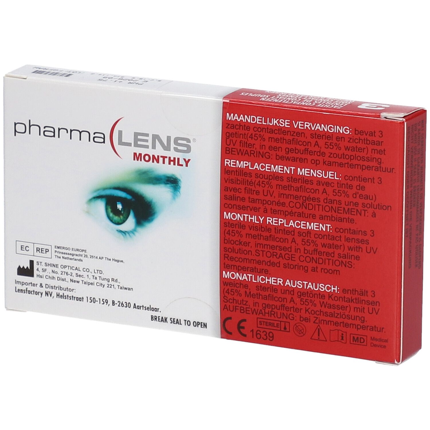Emballage PharmaLens lentilles mensuelles. Texte multilingue. Contient 3 lentilles. Avec marquage CE et image d'œil.
