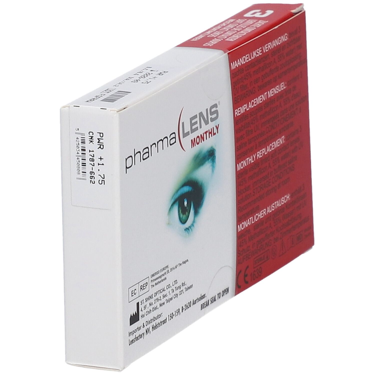 Emballage PharmaLens lentilles mensuelles. Inscription: PWR +1.75. Contient 3 lentilles. Avec marquage CE et image d'œil.