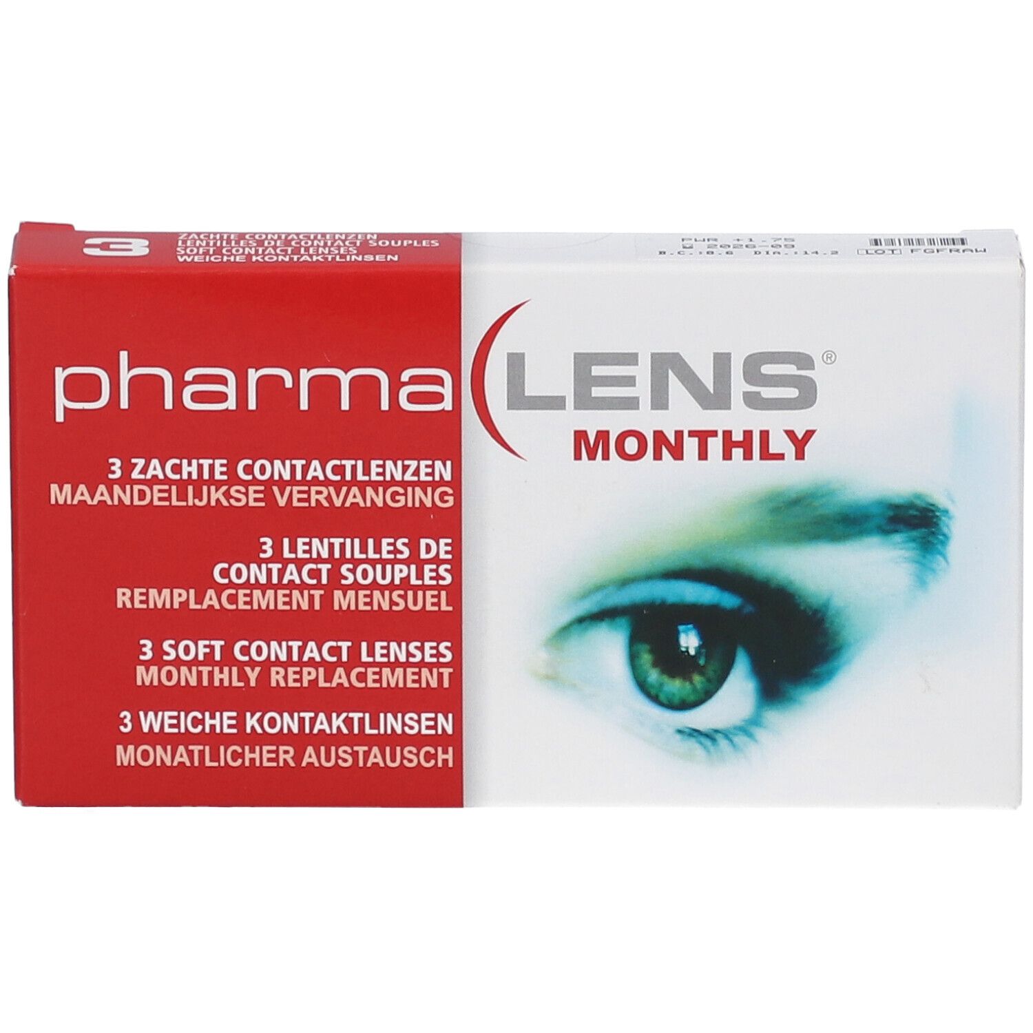 Emballage PharmaLens lentilles mensuelles. Contient 3 lentilles souples. Inscription: LENS MONTHLY, image d'œil. Boîte rouge et blanche.