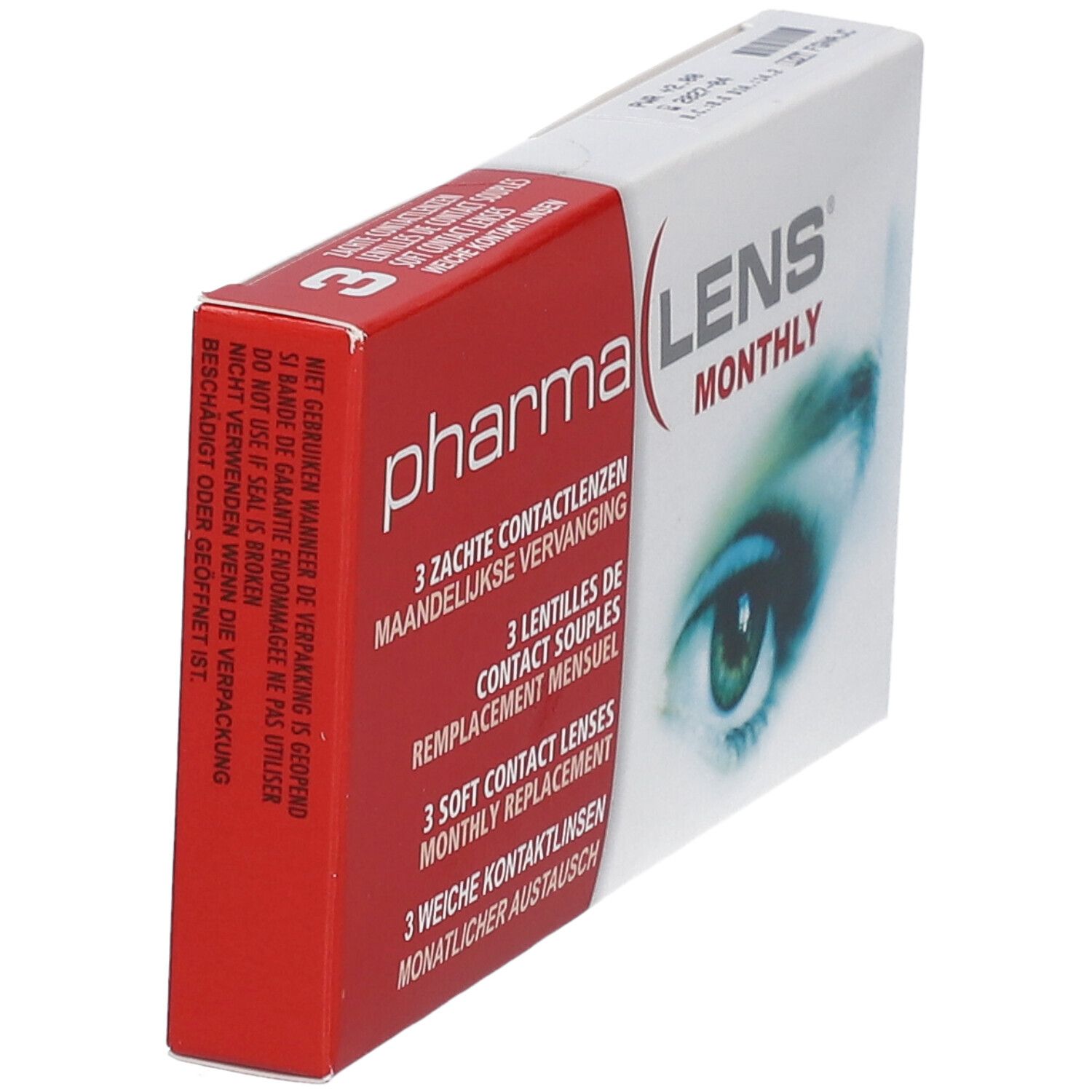Vue en biais de l'emballage des lentilles de contact PharmaLens Monthly. Boîte rouge et blanche avec informations.