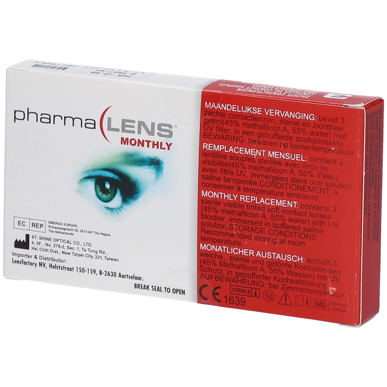 Boîte de lentilles de contact PharmaLens Monthly ouverte. Emballage rouge et blanc avec informations et un œil.