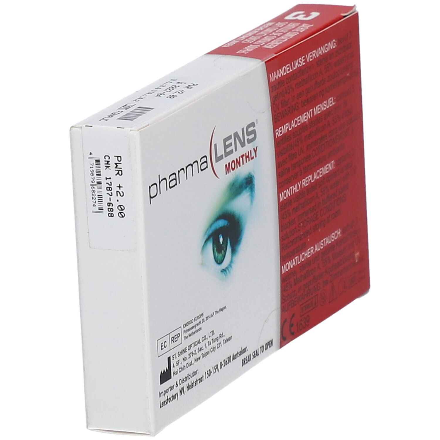 Boîte de lentilles de contact PharmaLens Monthly avec autocollant. Emballage rouge et blanc avec informations et un œil.