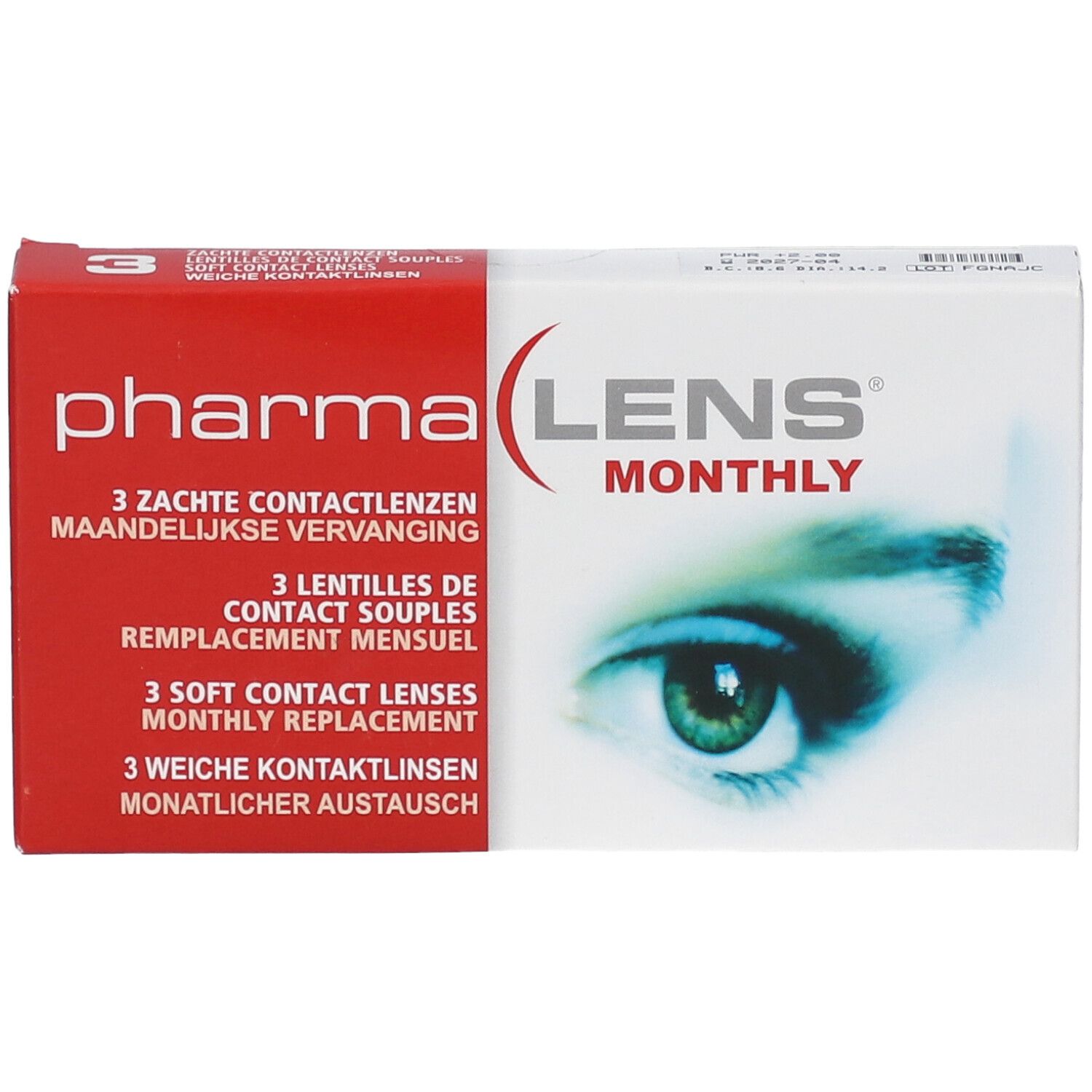 Boîte de lentilles de contact PharmaLens Monthly. Emballage rouge et blanc avec informations et un œil.