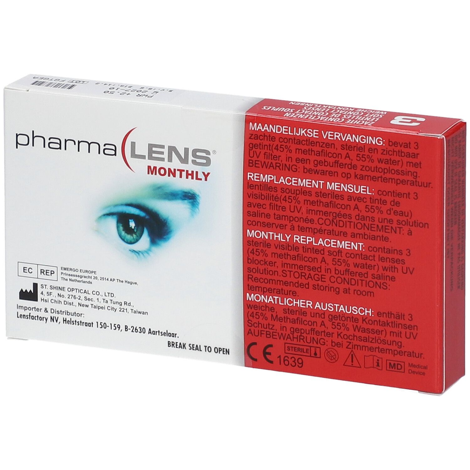 Boîte de PharmaLens lentilles mensuelles. Informations produit, marquage CE. Contient 3 lentilles.