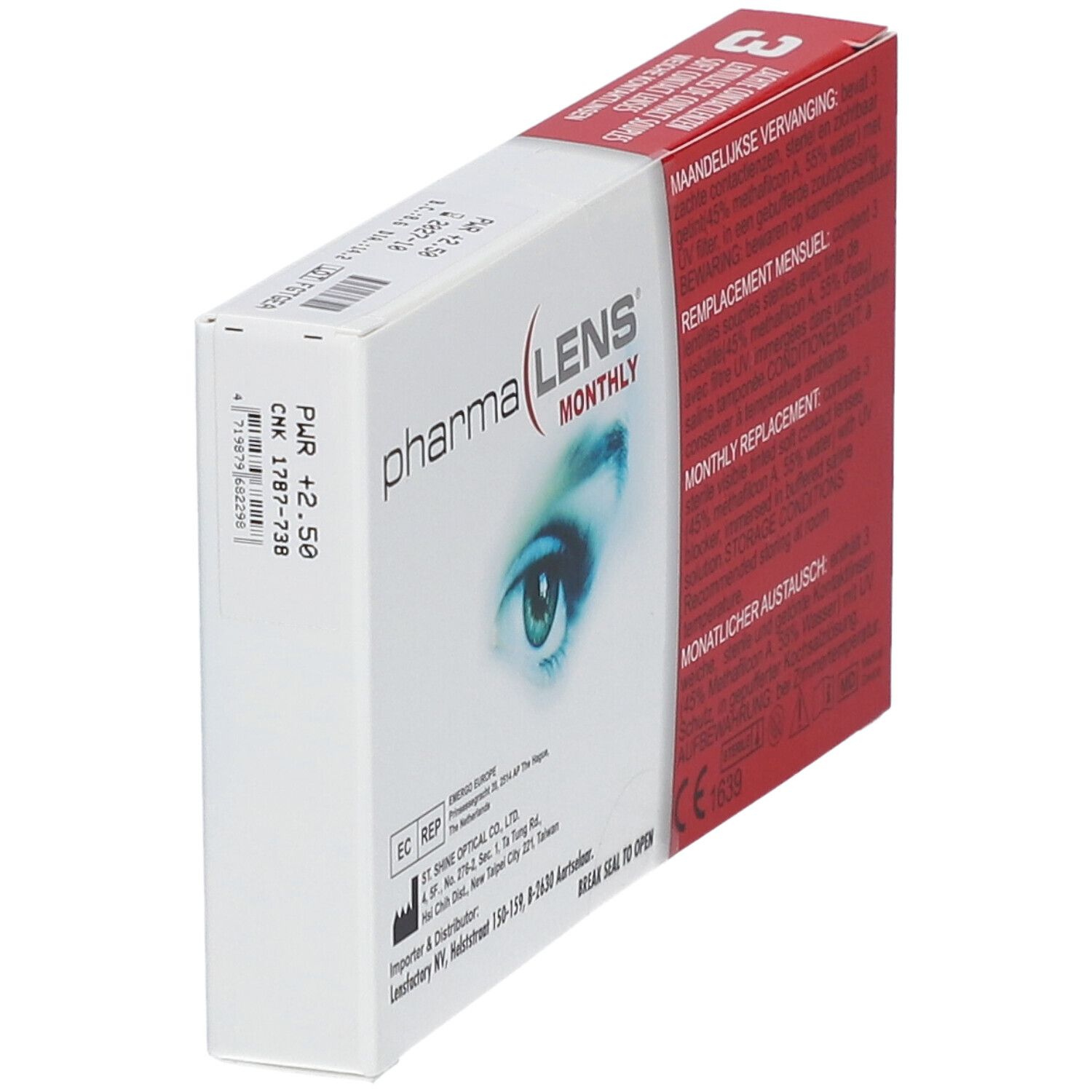 Emballage PharmaLens lentilles mensuelles. Boîte blanche avec informations et dioptrie +2.50. Contient 3 lentilles.