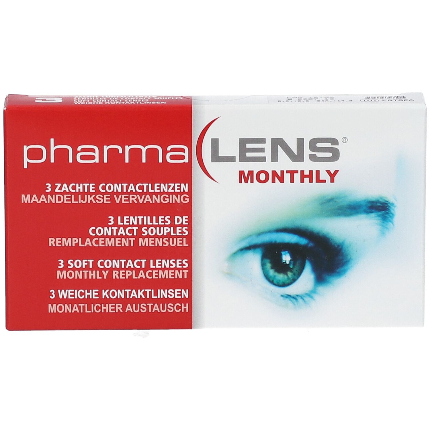 Boîte de PharmaLens lentilles mensuelles. Boîte rouge et blanche avec nom du produit et image d'œil. Contient 3 lentilles.