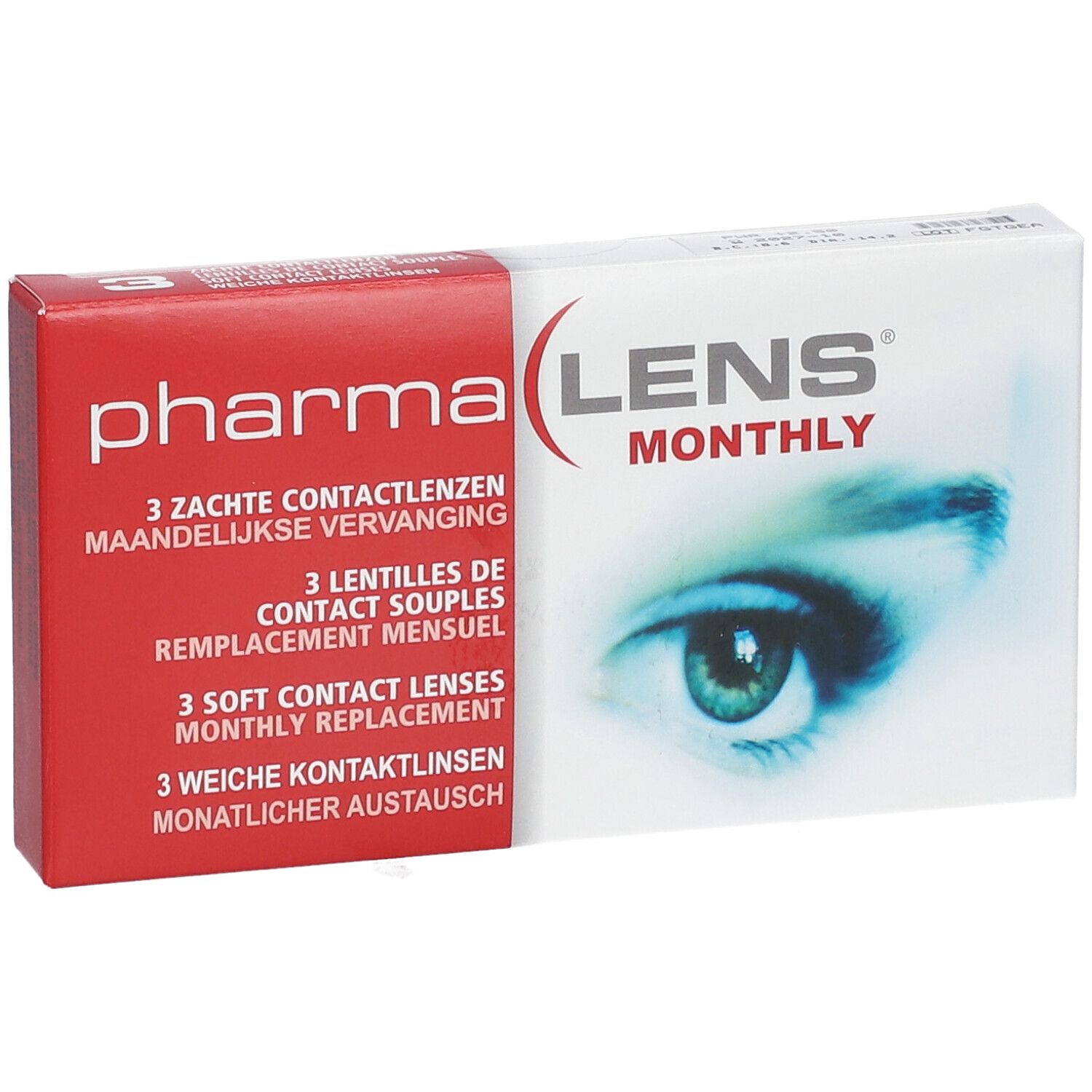Emballage PharmaLens lentilles mensuelles. Boîte rouge et blanche avec nom du produit et image d'œil. Contient 3 lentilles.