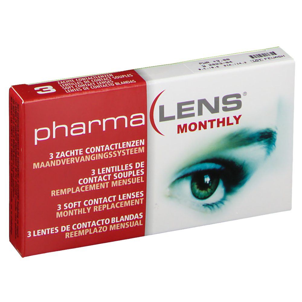 Boîte de lentilles de contact PharmaLens mensuelles. Boîte rouge et blanche avec nom du produit et image d'œil. Contient 3 lentilles.