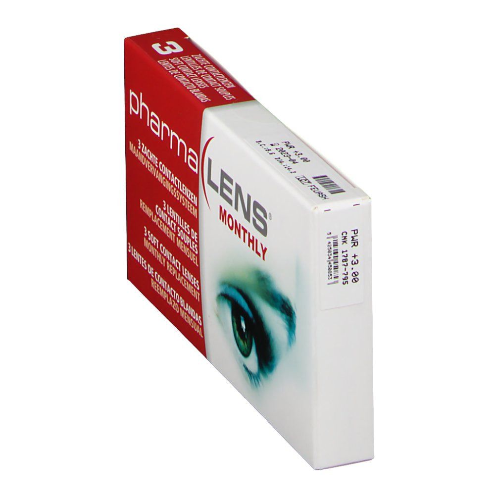 Boîte de lentilles de contact PharmaLens mensuelles. Boîte rouge et blanche avec nom du produit et image d'œil. Contient 3 lentilles.