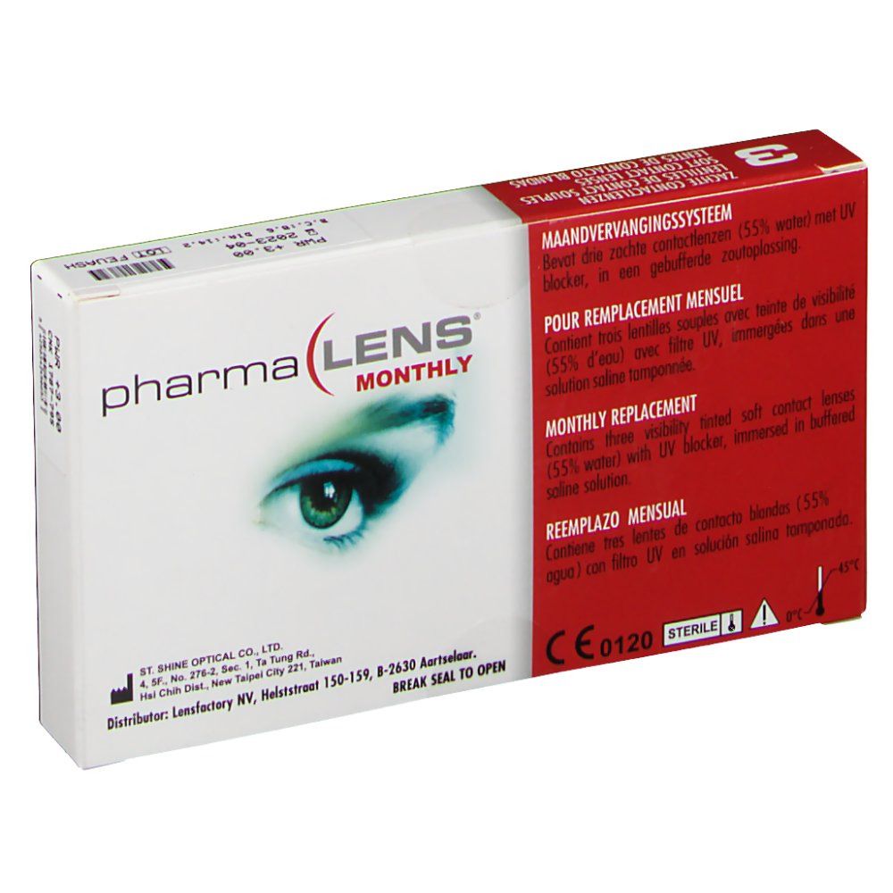 Boîte de lentilles de contact PharmaLens mensuelles. Boîte blanche avec côté rouge, nom du produit et image d'œil. Contient 3 lentilles.