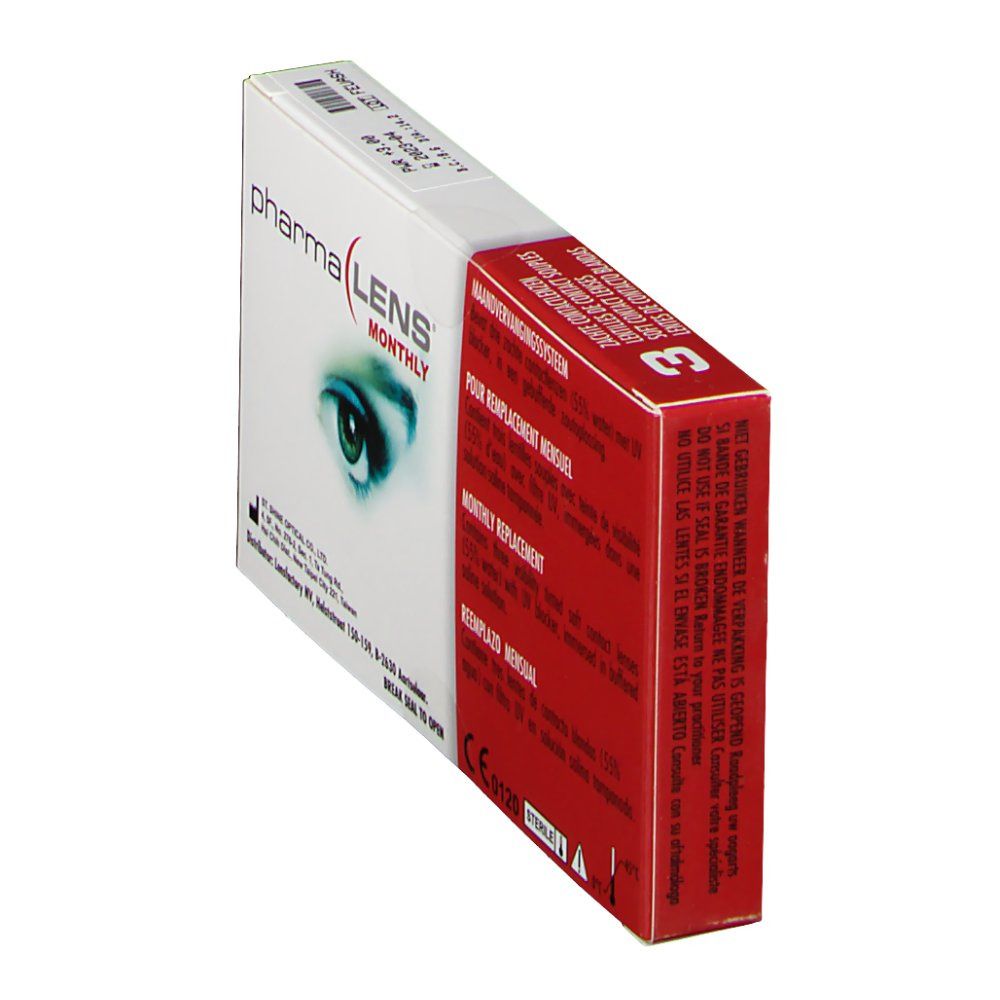 Boîte de lentilles de contact PharmaLens mensuelles. Boîte rouge et blanche avec nom du produit et image d'œil. Contient 3 lentilles.