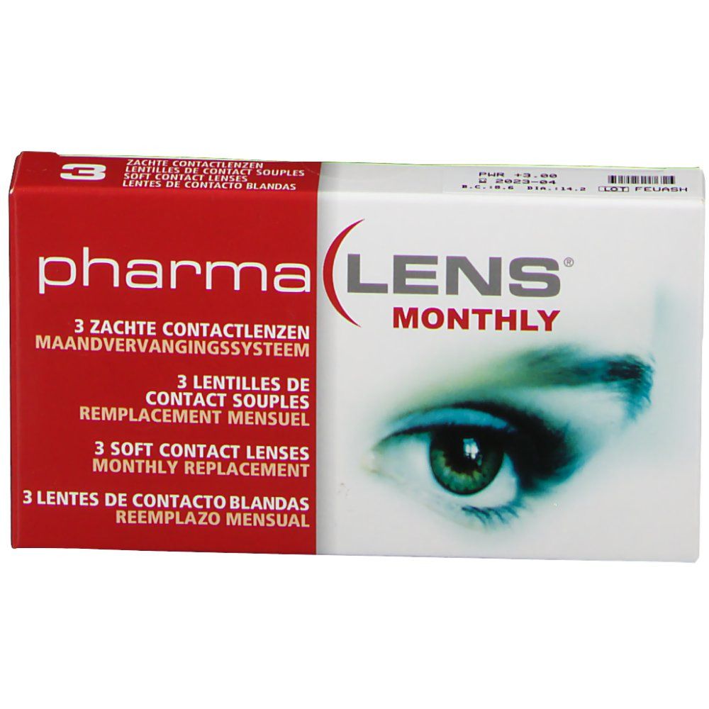 Boîte de lentilles de contact PharmaLens mensuelles. Boîte rouge et blanche avec nom du produit et image d'œil. Contient 3 lentilles.