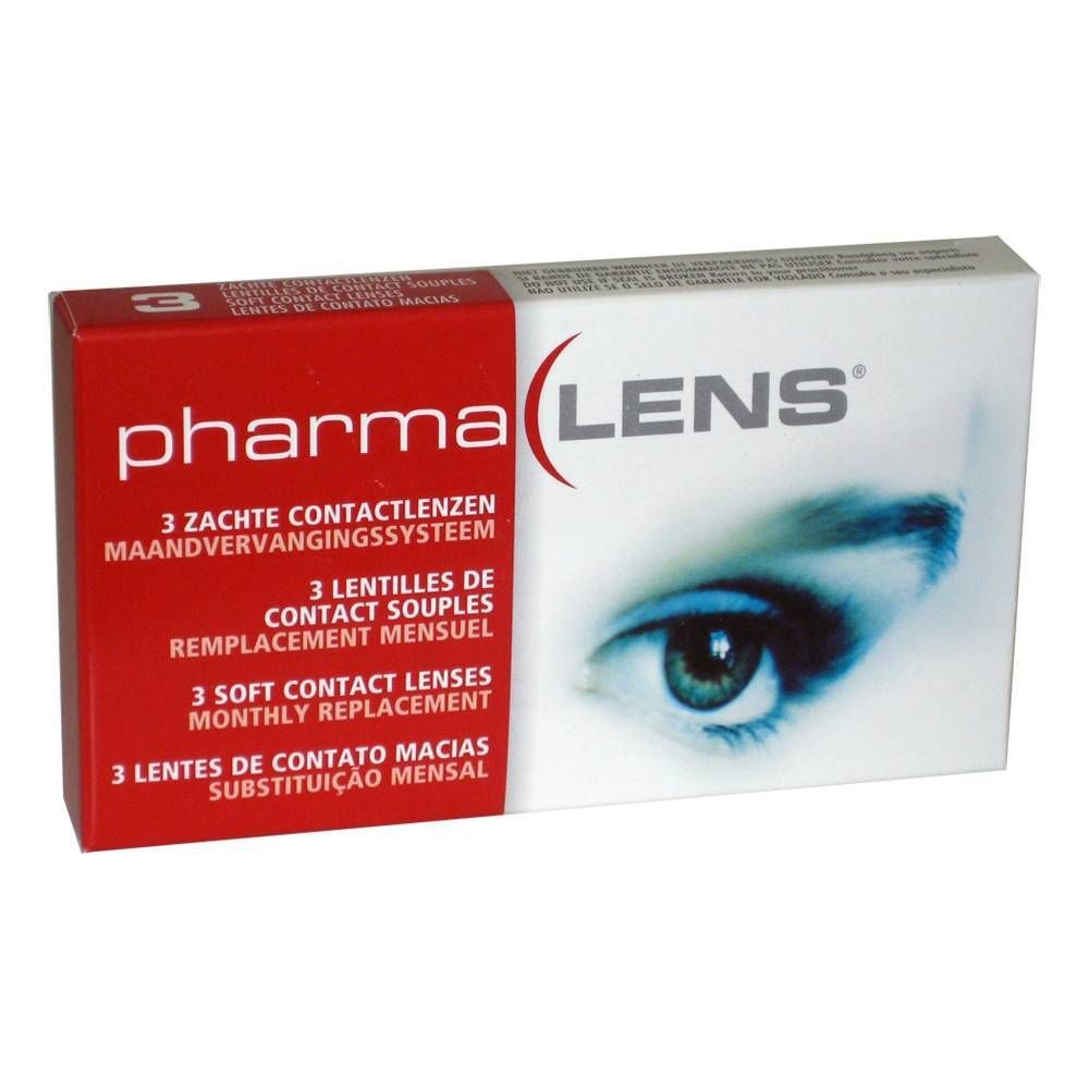 Boîte de lentilles de contact PharmaLens. Boîte rouge et blanche avec informations et un œil.