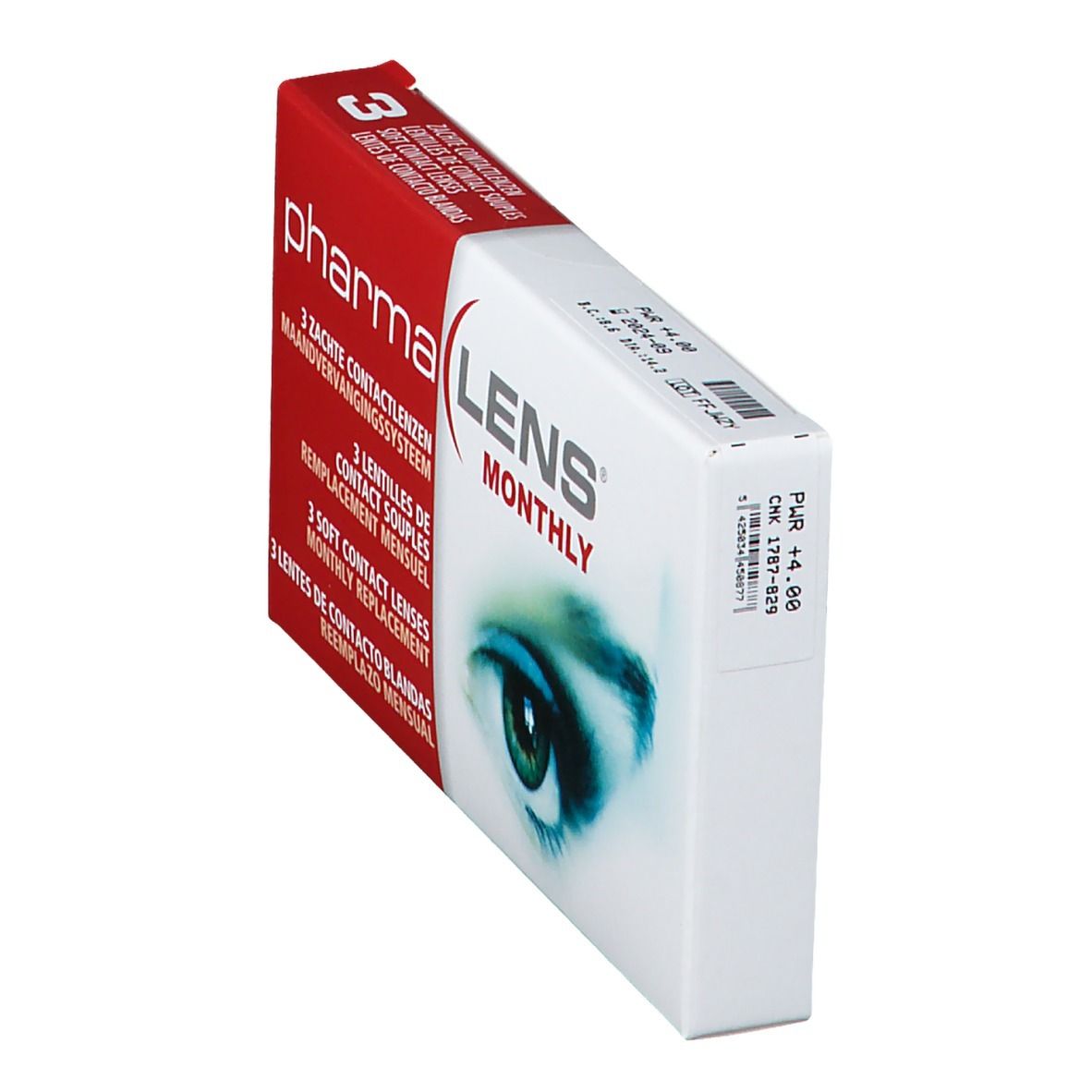 Boîte PharmaLens mensuelles en biais. Rouge et blanc, nom du produit et image d'œil. 3 lentilles de contact.