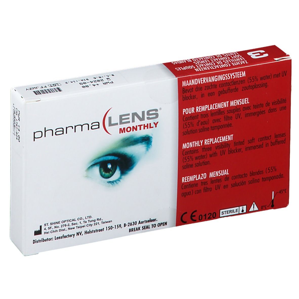 Boîte PharmaLens mensuelles. Rouge et blanc, nom du produit, image d'œil et texte. 3 lentilles.
