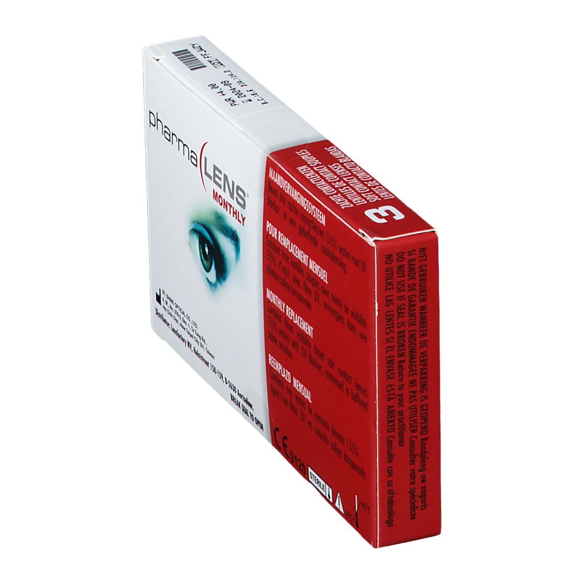 Boîte PharmaLens mensuelles en biais. Rouge et blanc, nom du produit et image d'œil. 3 lentilles de contact.