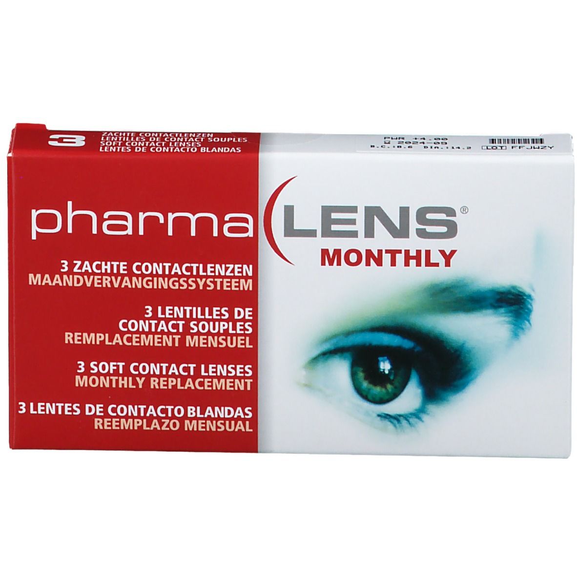 Boîte PharmaLens mensuelles. Rouge et blanc, nom du produit et image d'œil. 3 lentilles de contact.