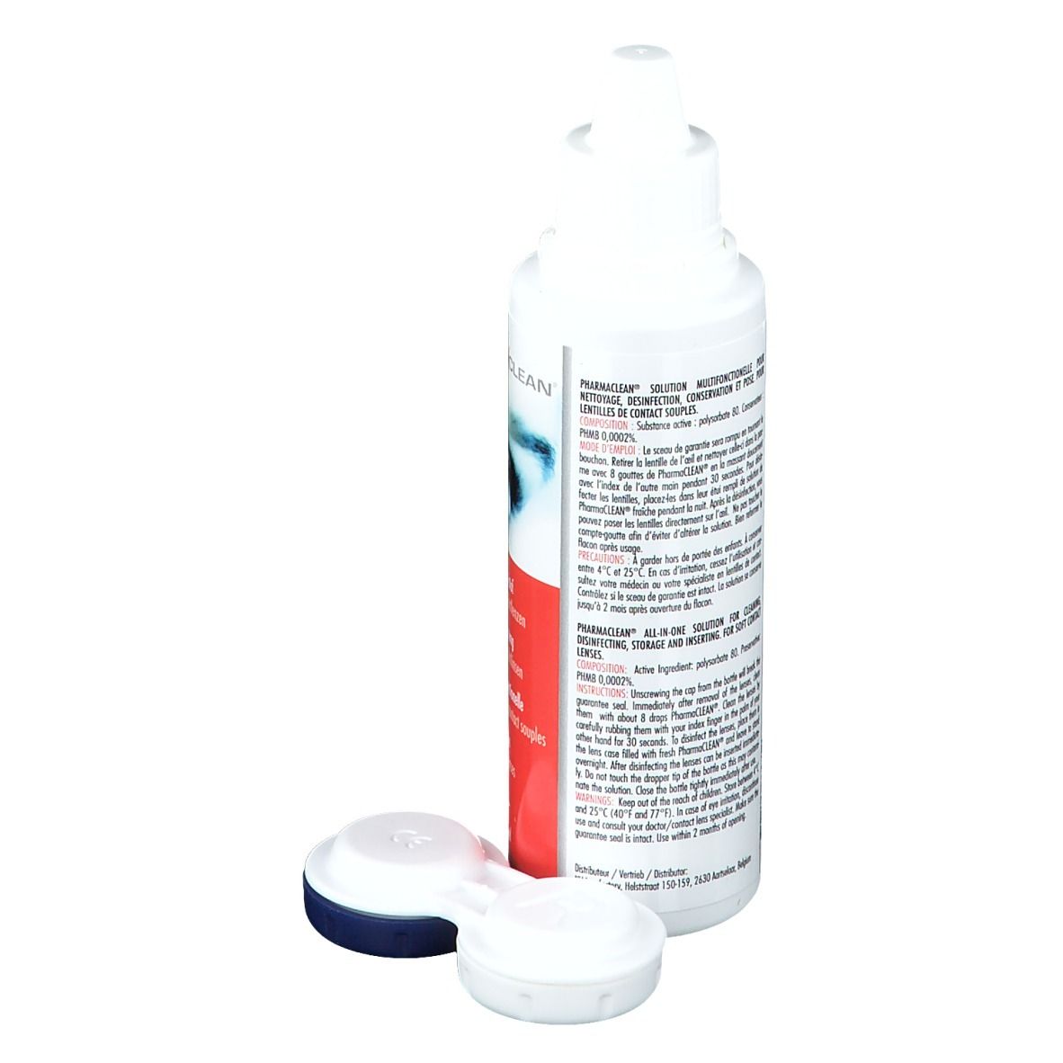 Flacon PharmaClean avec texte. Étui à lentilles à côté. Zones de texte rouges avec informations.