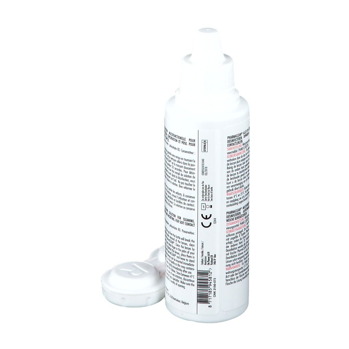 Flacon PharmaClean avec texte. Étui à lentilles à côté. Dos avec informations.