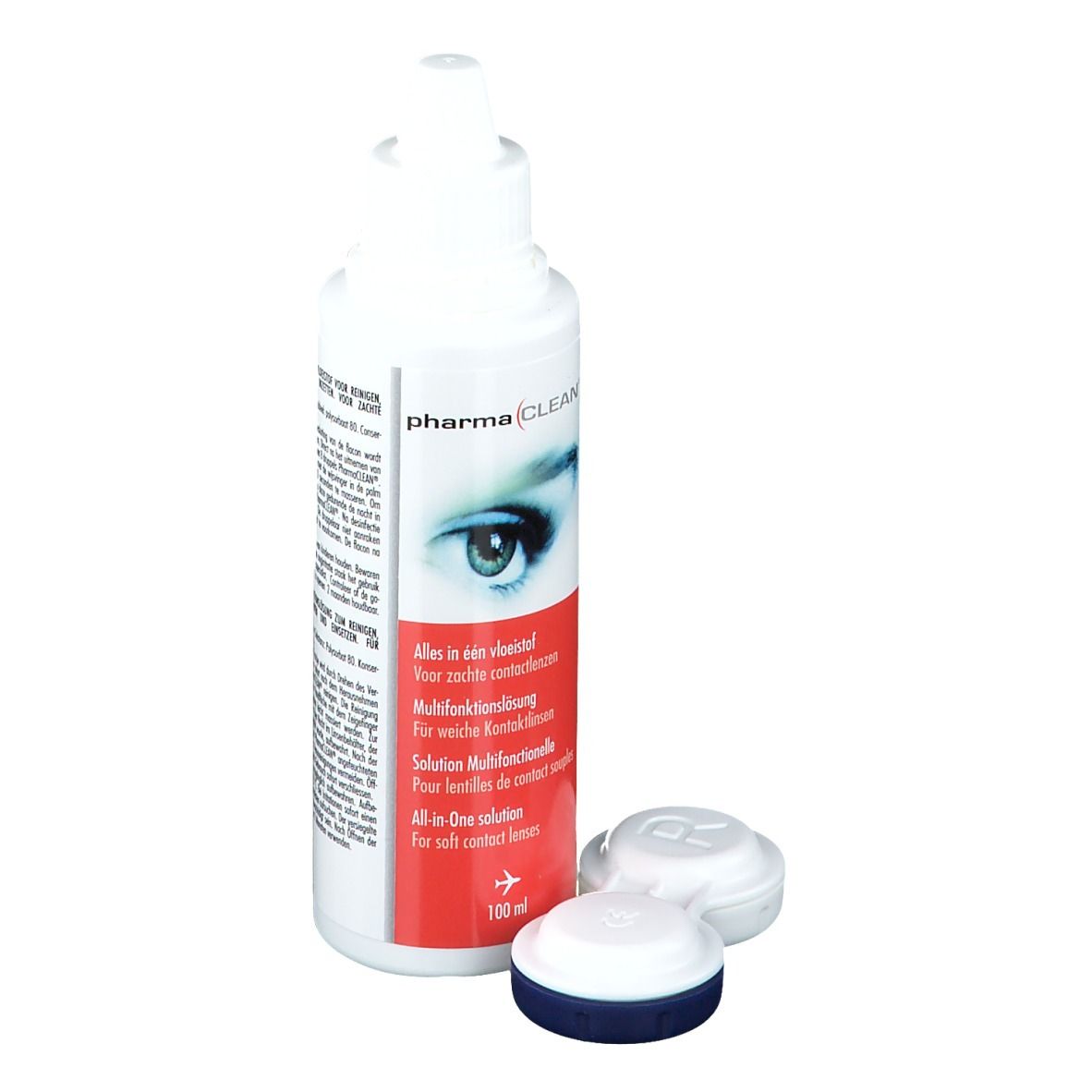 Flacon blanc PharmaClean avec étui à lentilles. Inscription : Solution multifonctionnelle. 100 ml.