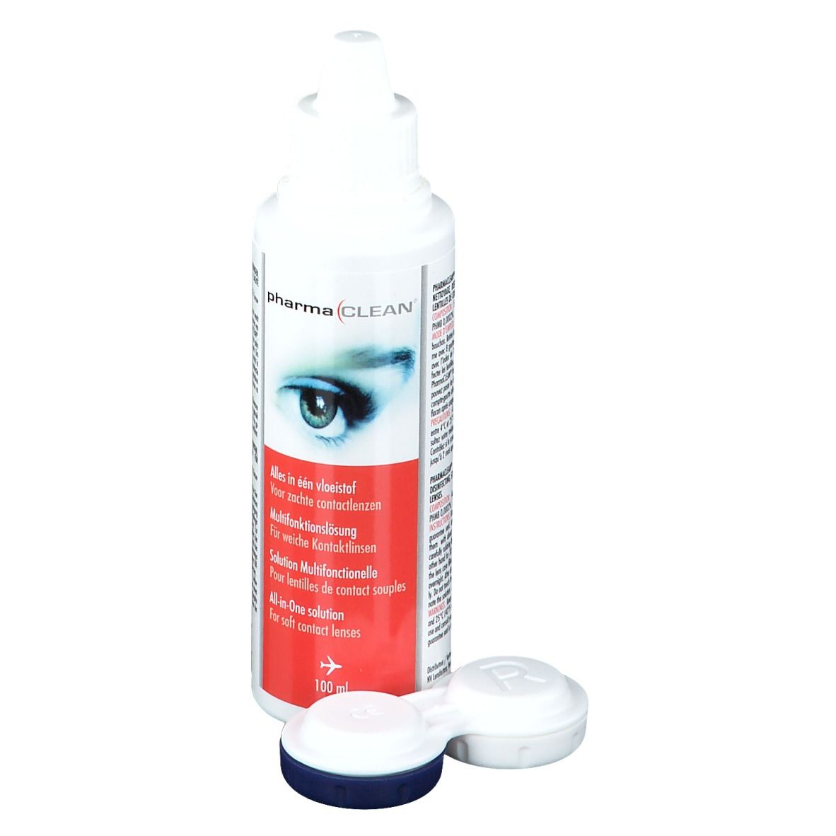 Flacon blanc PharmaClean avec étui à lentilles. Inscription : Solution multifonctionnelle. 100 ml.