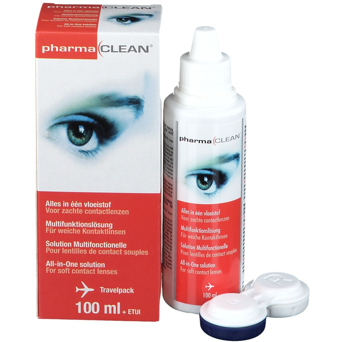Flacon et emballage PharmaClean. Inscription : Solution multifonctionnelle. 100 ml + étui.