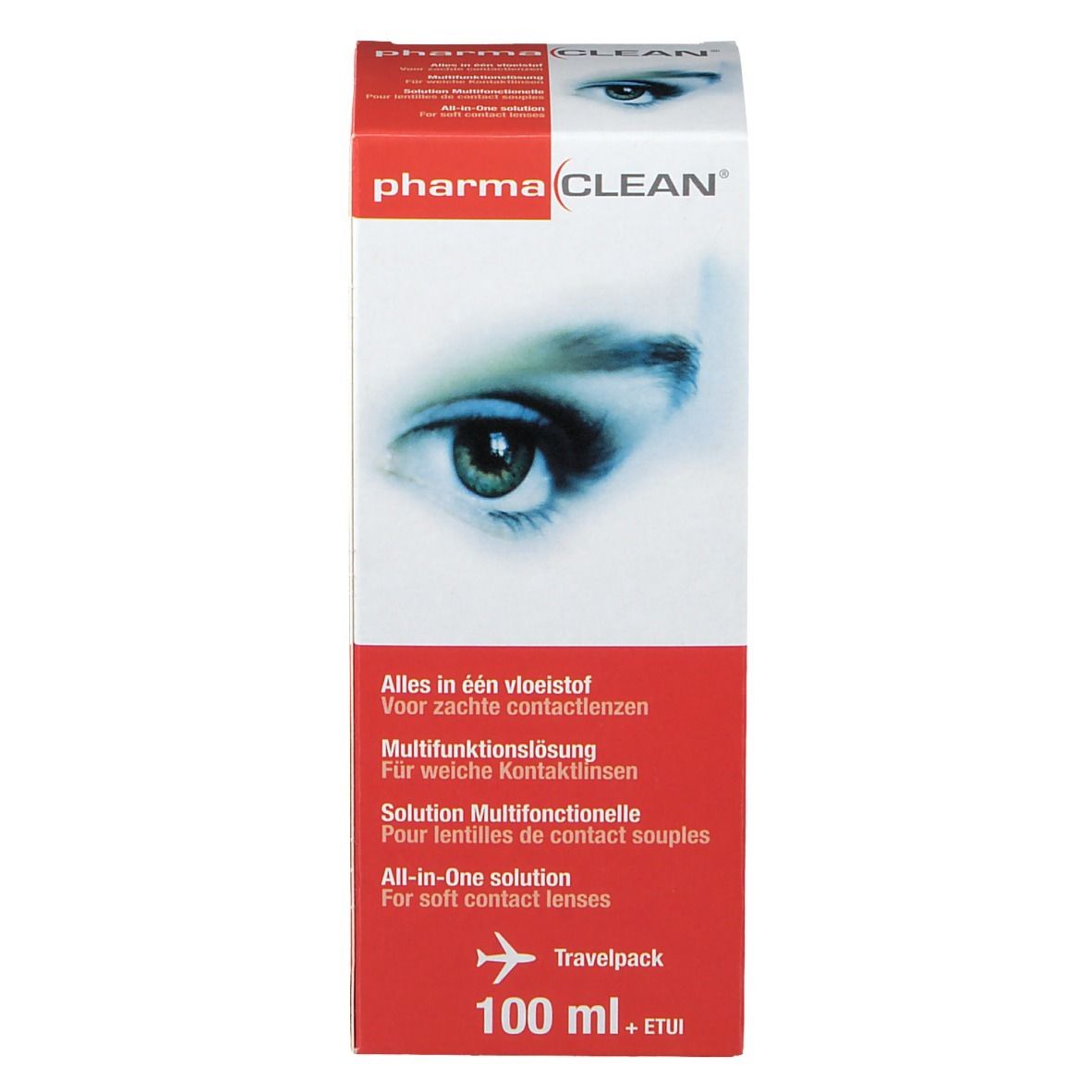 Emballage PharmaClean. Inscription : Solution multifonctionnelle. 100 ml + étui.