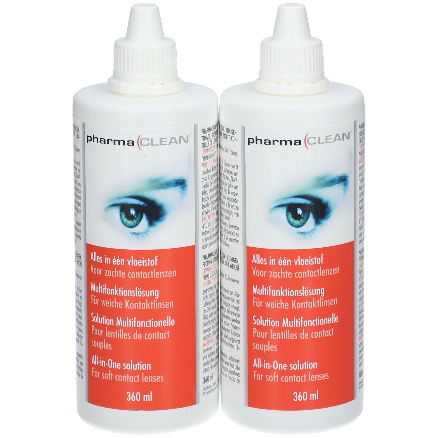 Deux flacons blancs avec le logo pharma(clean). Inscription: Solution multifonction pour lentilles souples. 360 ml.