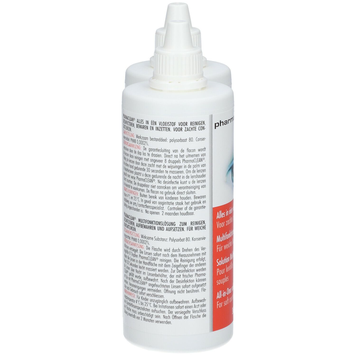 Deux flacons blancs pharma(clean). Dos avec texte multilingue. 360 ml.