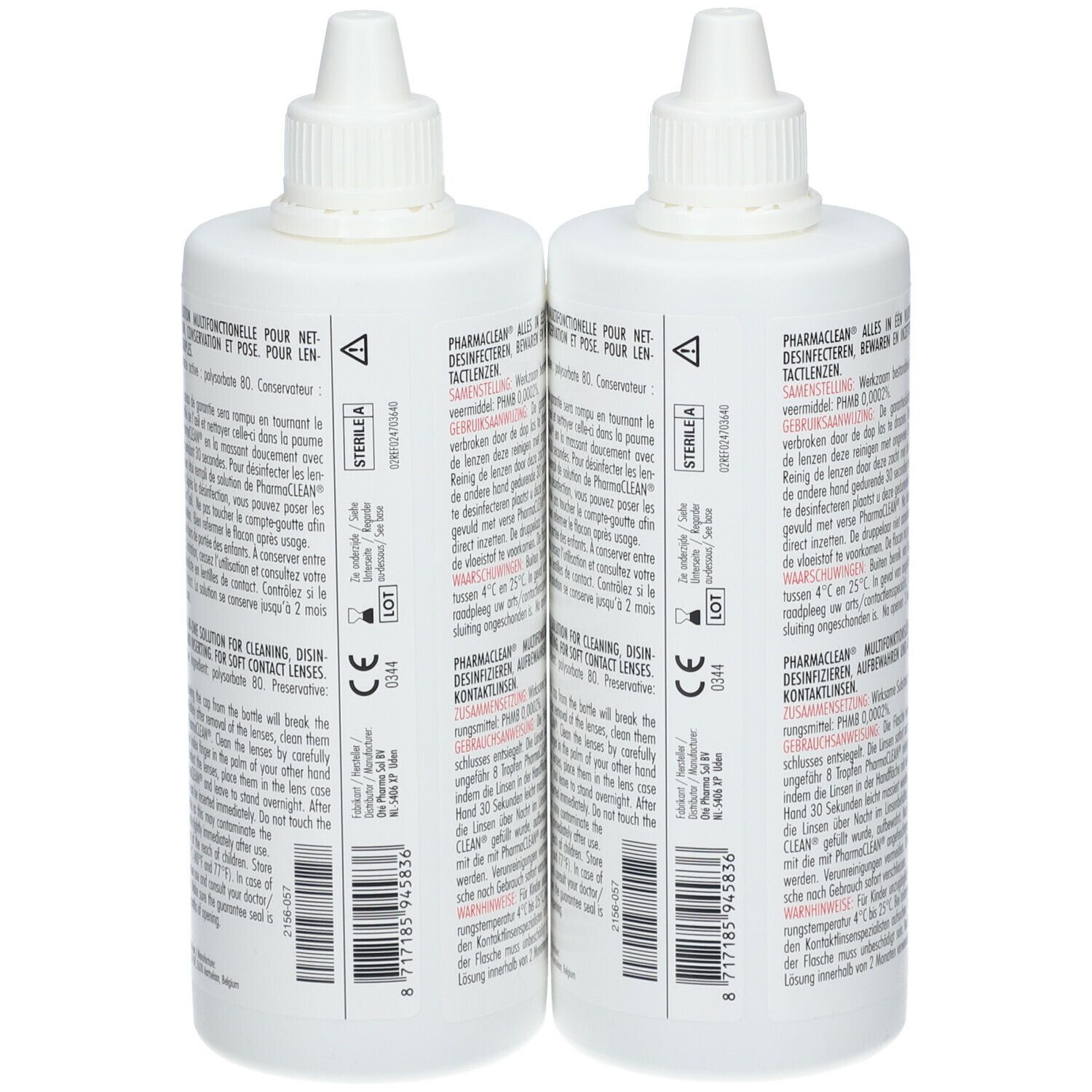 Deux flacons blancs pharma(clean). Dos avec texte multilingue. 360 ml.