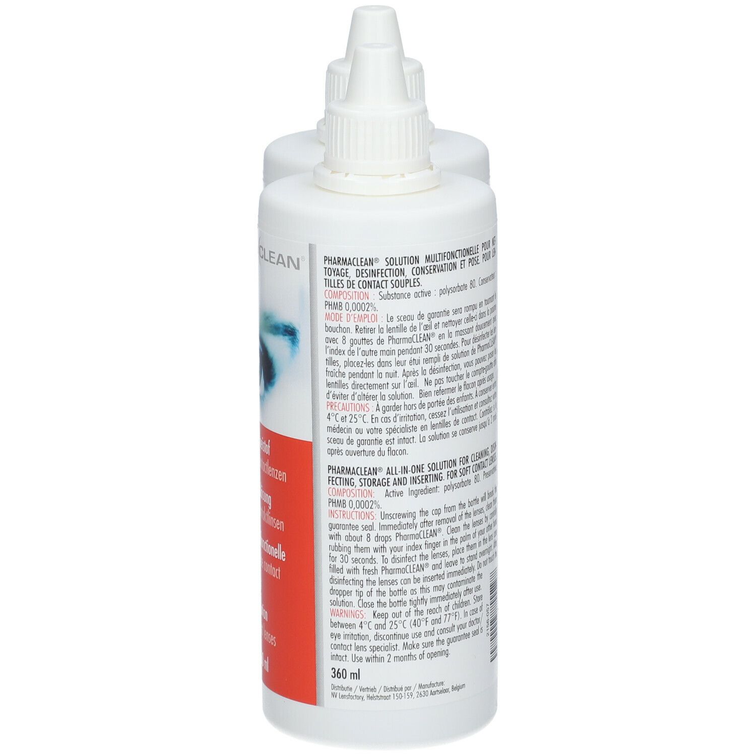 Deux flacons blancs pharma(clean). Dos avec texte multilingue. 360 ml.