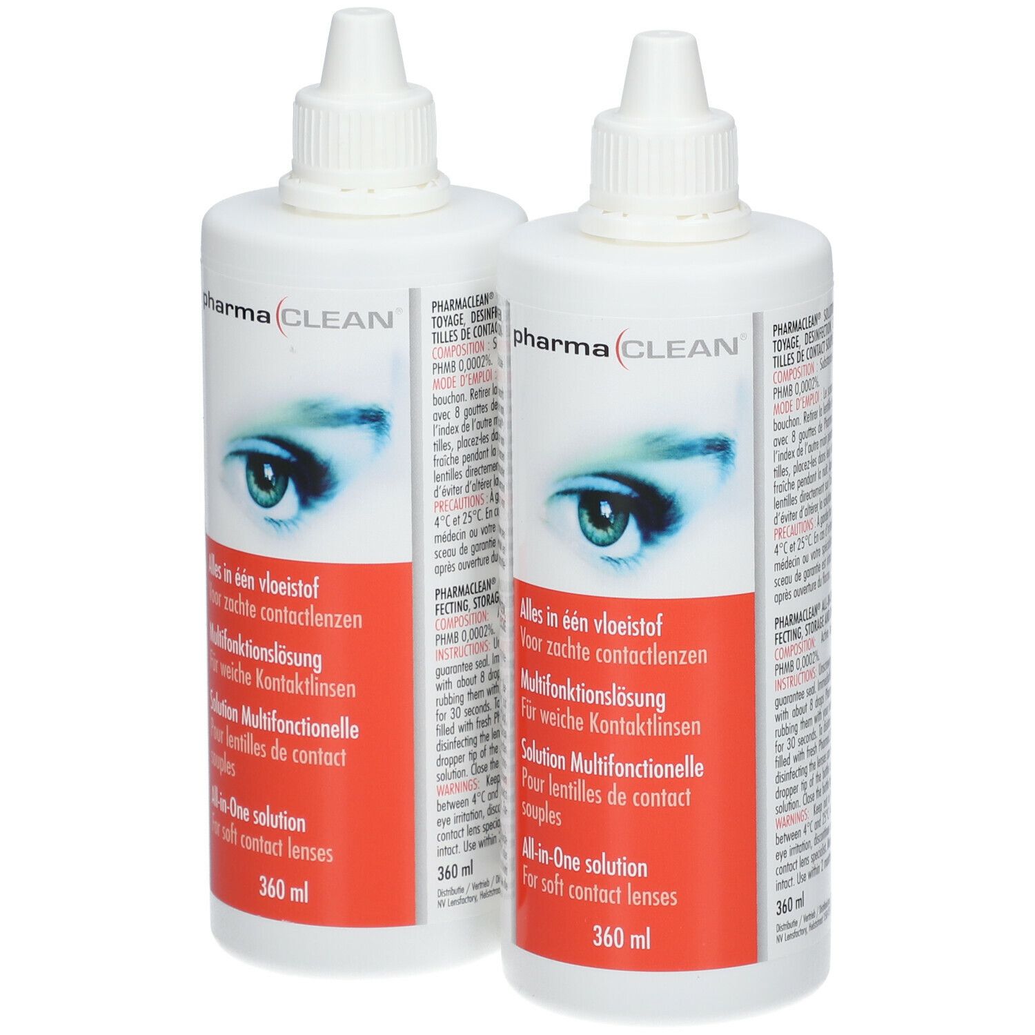 Deux flacons blancs avec le logo pharma(clean). Inscription: Solution multifonction pour lentilles souples. 360 ml.