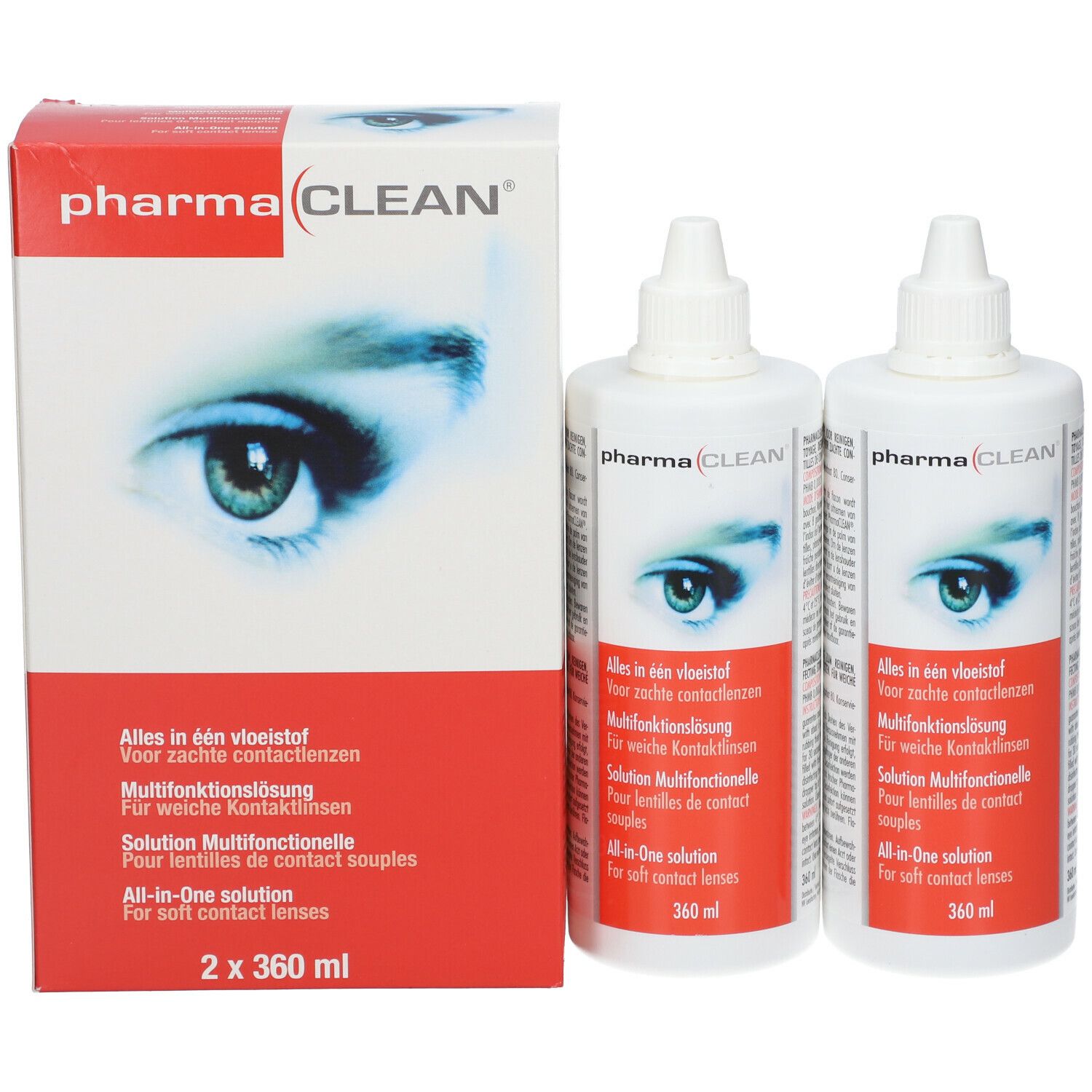 Emballage avec deux flacons pharma(clean). Inscription: Solution multifonction pour lentilles souples. 2 x 360 ml.