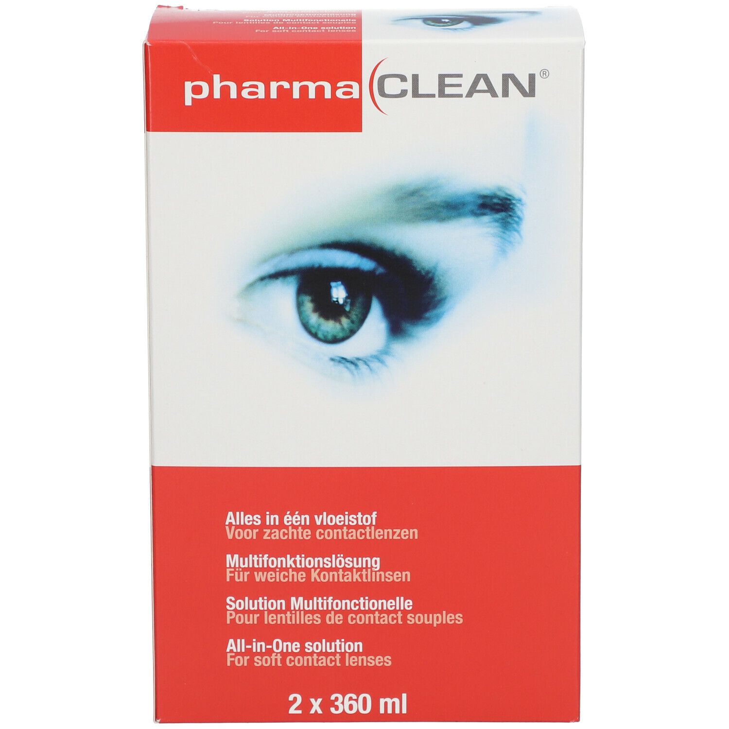 Emballage avec le logo pharma(clean). Inscription: Solution multifonction pour lentilles souples. 2 x 360 ml.