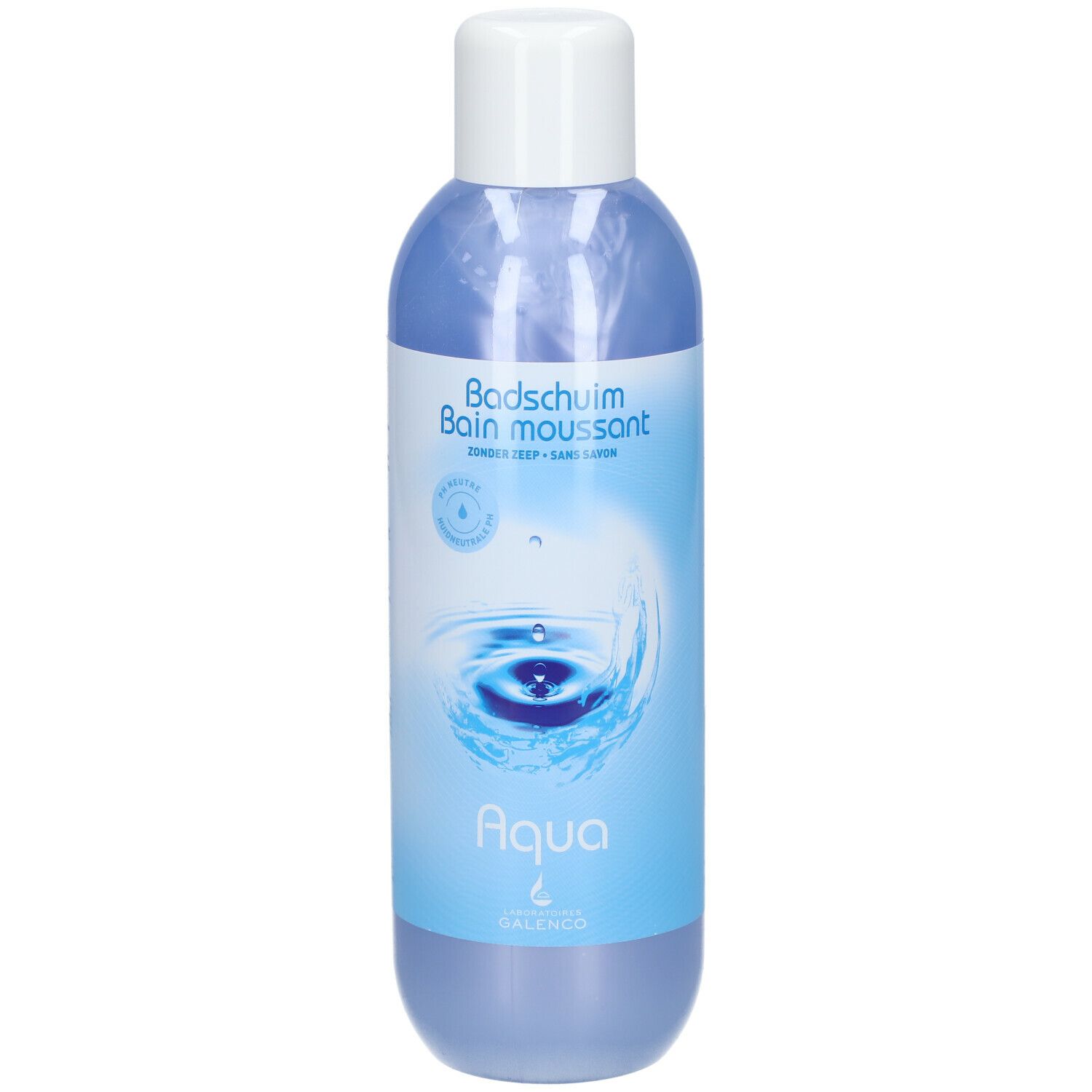 Flacon bleu avec bouchon blanc. Inscription : Bains moussants, Aqua, Galenco. Illustration d'eau.