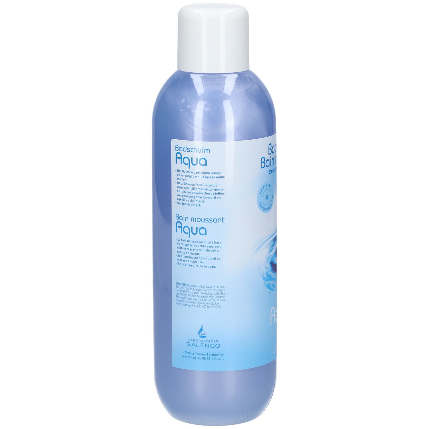 Flacon bleu avec bouchon blanc. Inscription : Bains moussants, Aqua, Galenco. Texte au dos.